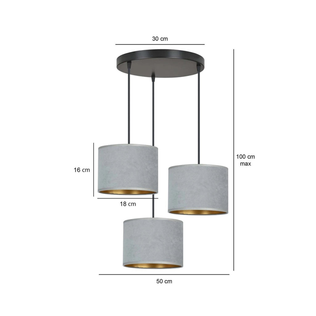 Lampada a sospensione Hilde in acciaio nero e velluto grigio