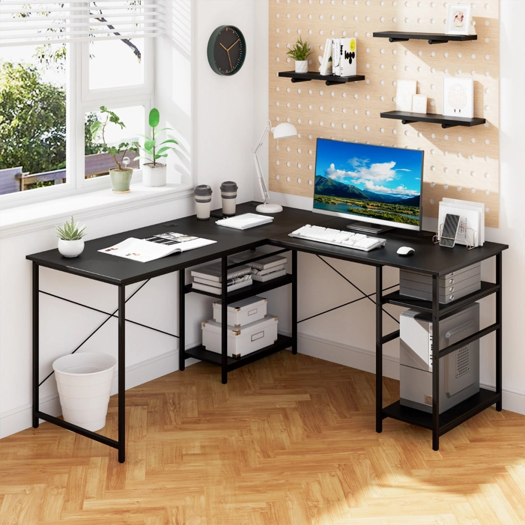 Ampia scrivania per computer a forma di L, Scrivania ad angolo convertibile con 4 ripiani di stoccaggio Nero-Scrivanie