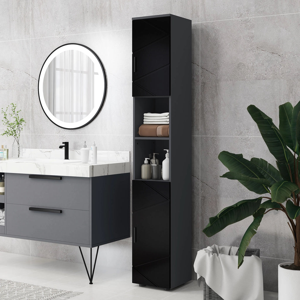 Colonna Bagno in Truciolato con 2 Ripiani Aperti e 2 Armadietti a 2 Livelli, 30x30x183 cm, Nero e Grigio