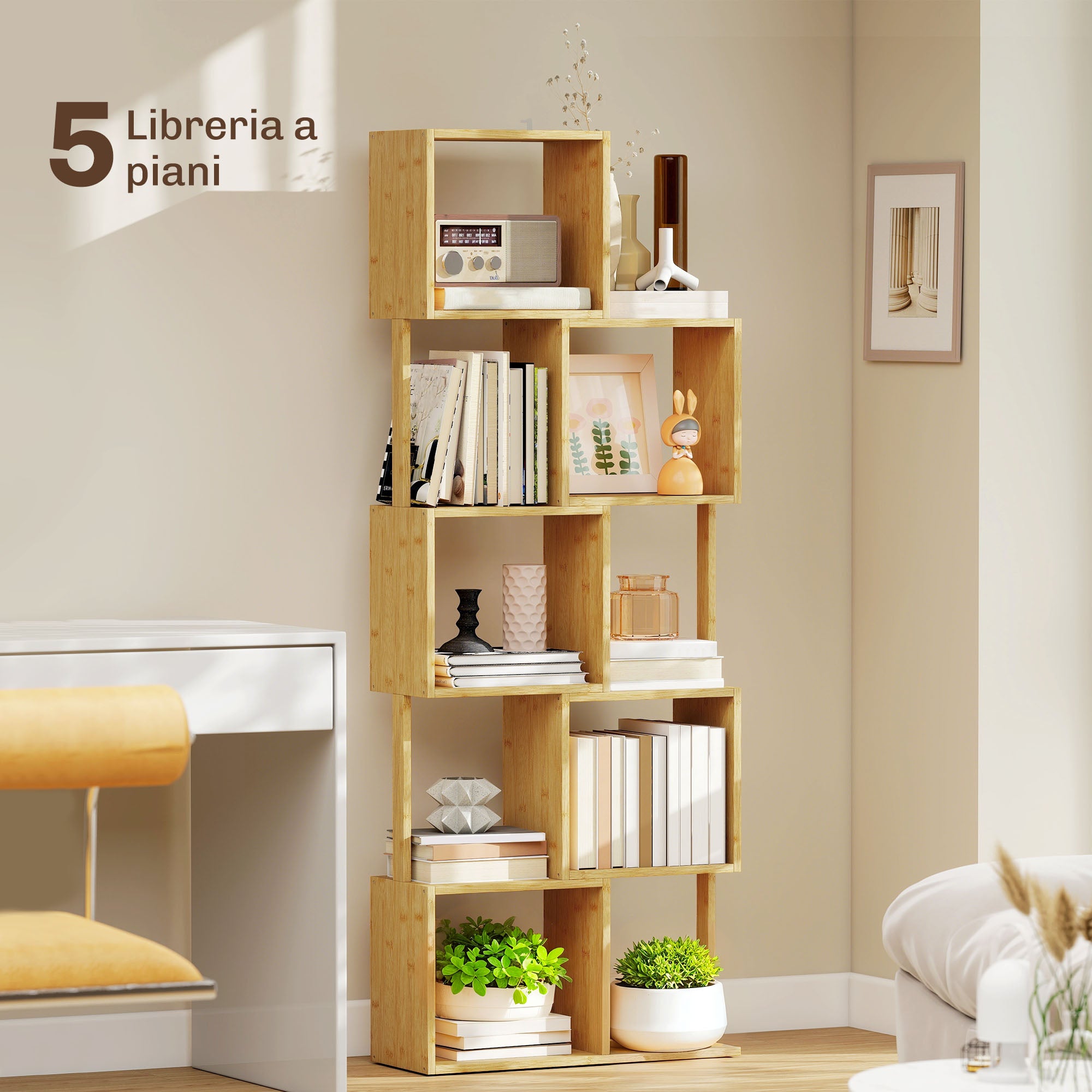 Libreria Moderna Asimmetrica a 5 Livelli 62,5x23x165 cm in Bambù Colore Legno Naturale