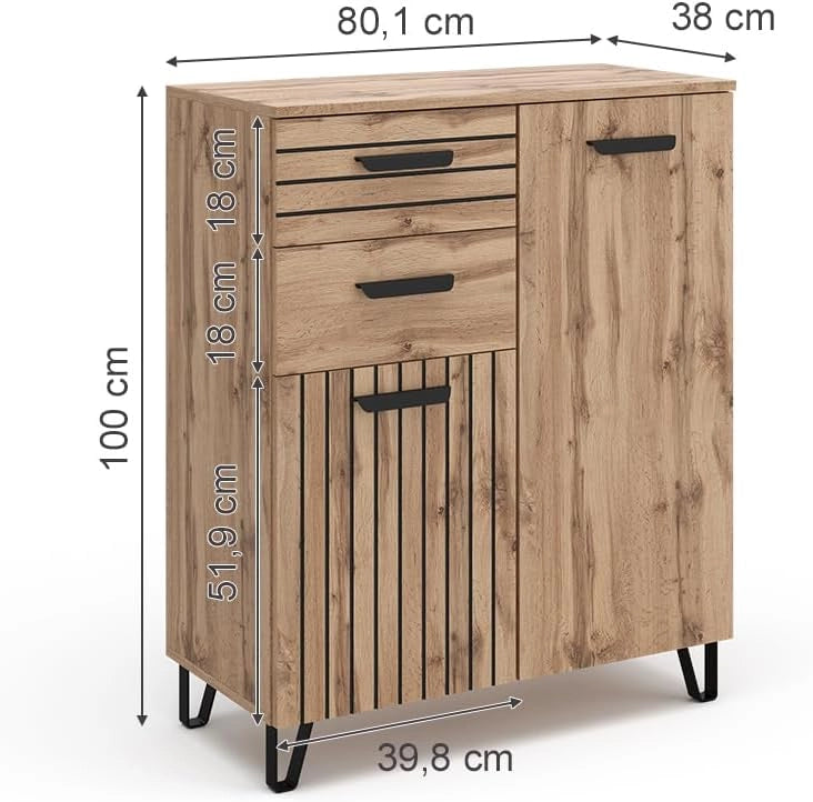 Cassettiera per camera da letto Amber, Quercia Wotan, 38 x 100 cm, con vano portaoggetti per spazio aggiuntivo