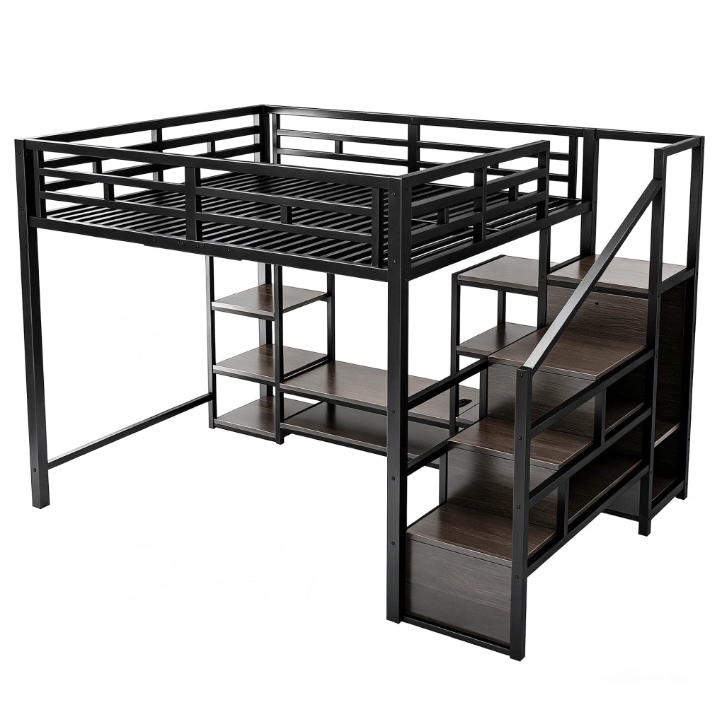 Letto a soppalco ULEVR 140x200 cm con supporto TV, presa integrata e scala, metallo e MDF nero