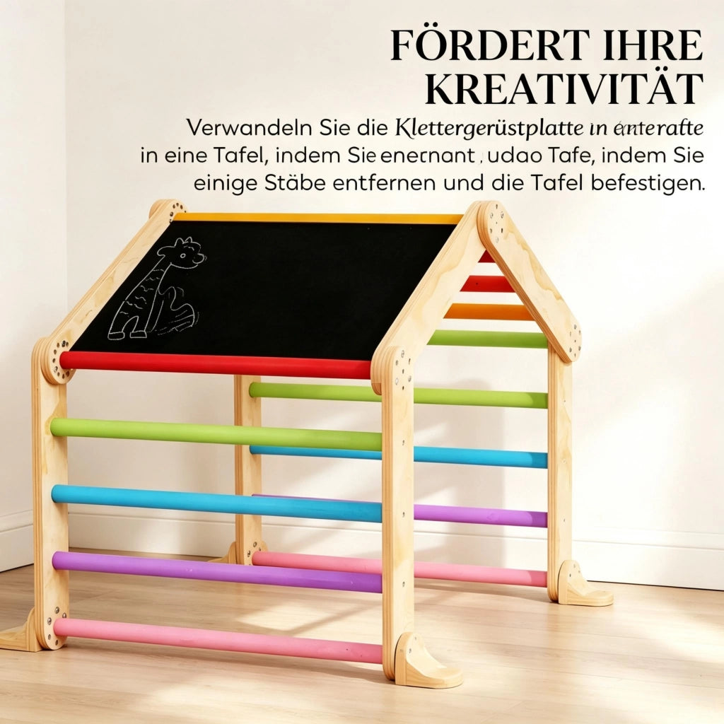 Triangolo di arrampicata multicolore per bambini con rampa reversibile, scivolo e struttura per arrampicata.