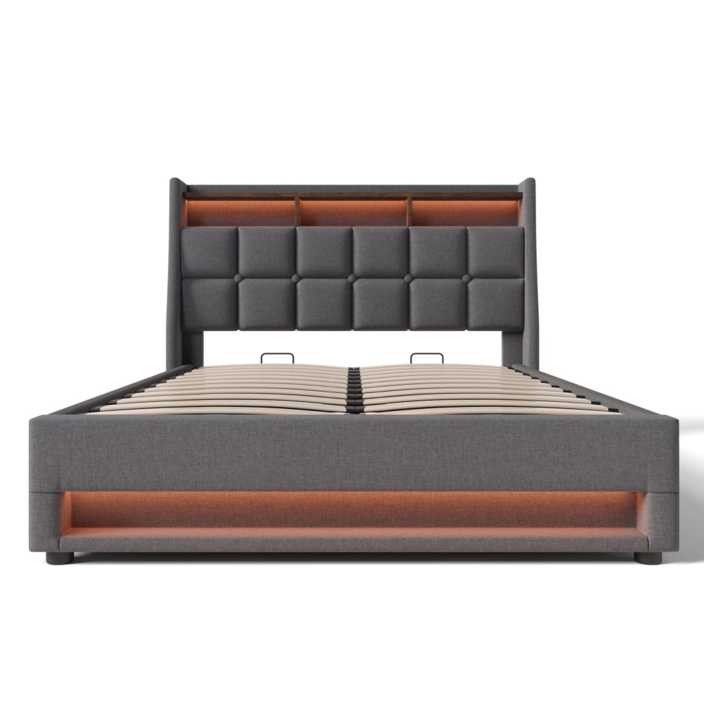 Letto imbottito 140x200 cm con LED, USB, vano contenitore e materasso incluso