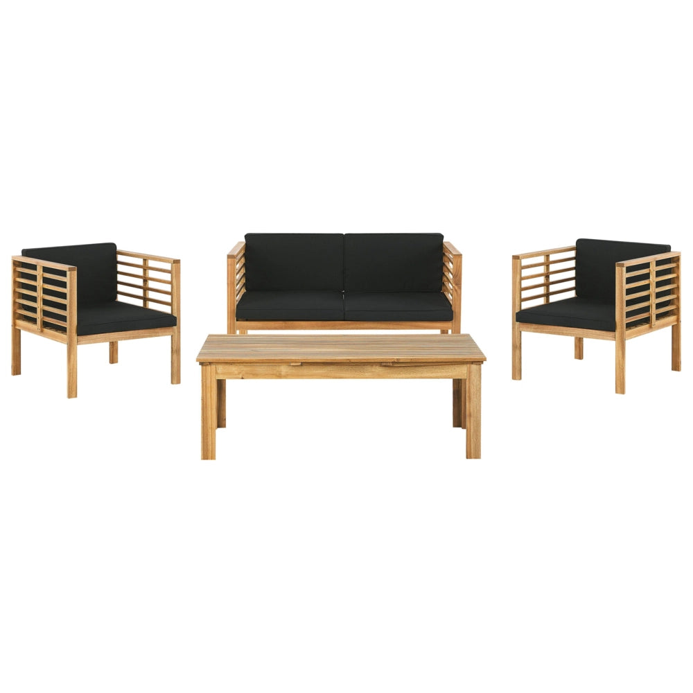 Set Conversazione Giardino Legno Acacia Cuscini Neri Moderno Esterno 4 Posti con Tavolino