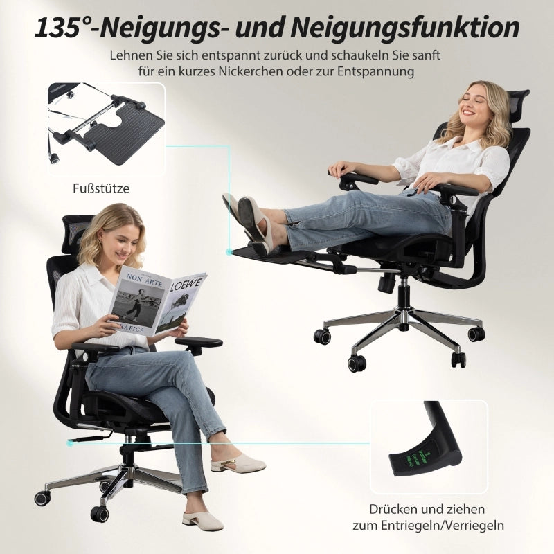 Sedia da ufficio ergonomica con supporto lombare e poggiatesta regolabili, braccioli 6D, poggiapiedi in rete nera