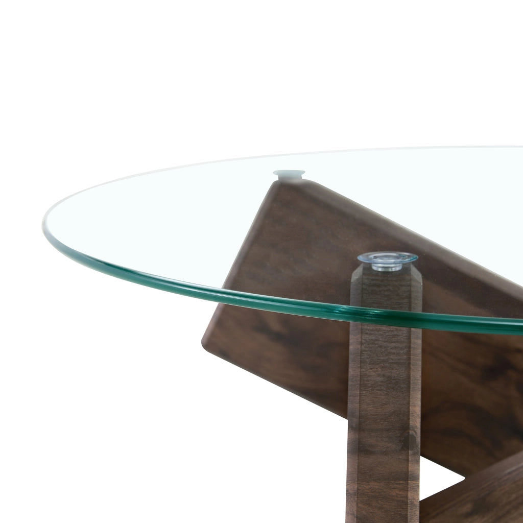TAVOLINO rotondo 79 cm MDF e vetro trasparente effetto noce