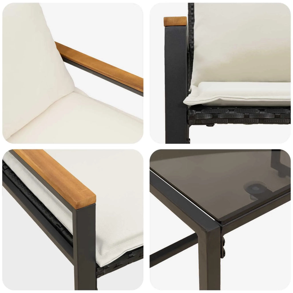 Set di Mobili con cuscino 3 pz | Set Salotto da Giardino Nero e Bianco Crema Rattan