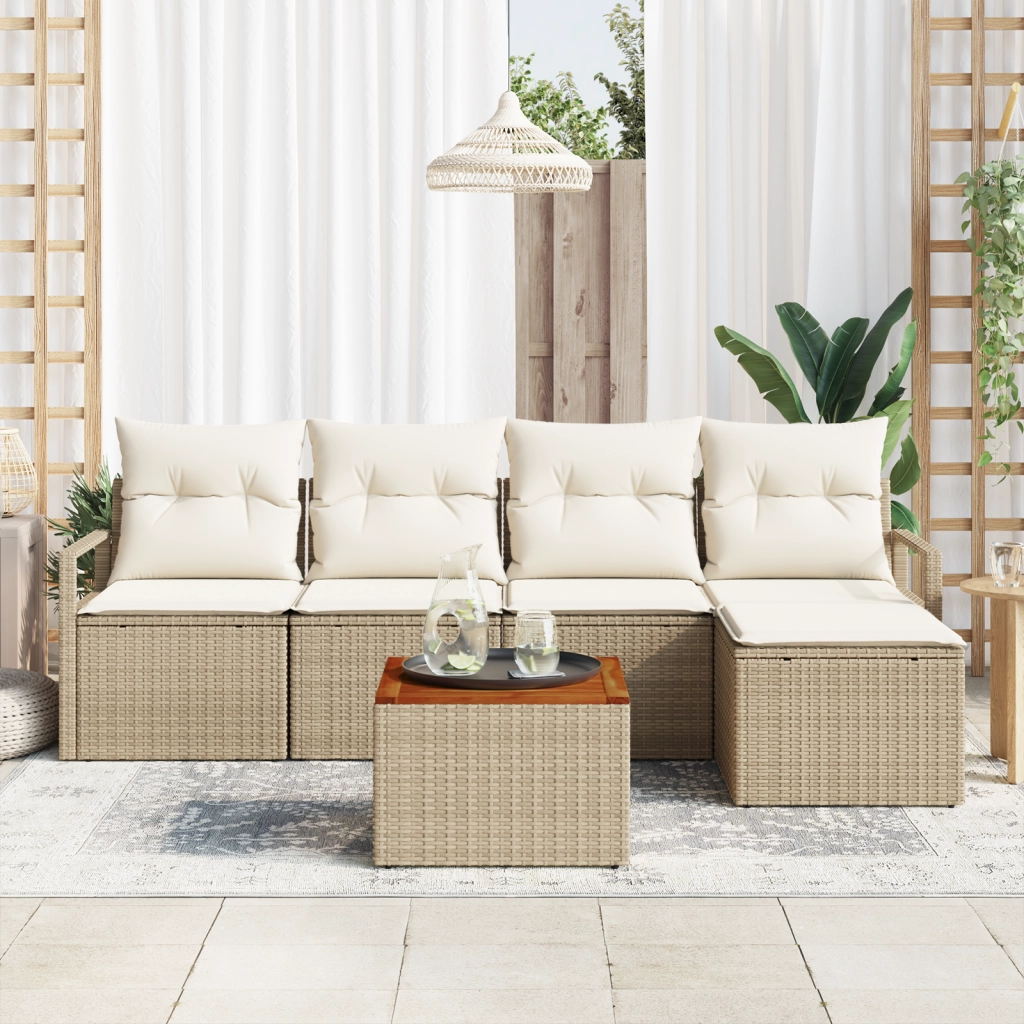 Set Divano Giardino 6 Pezzi con Cuscini Beige Polyrattan Acacia