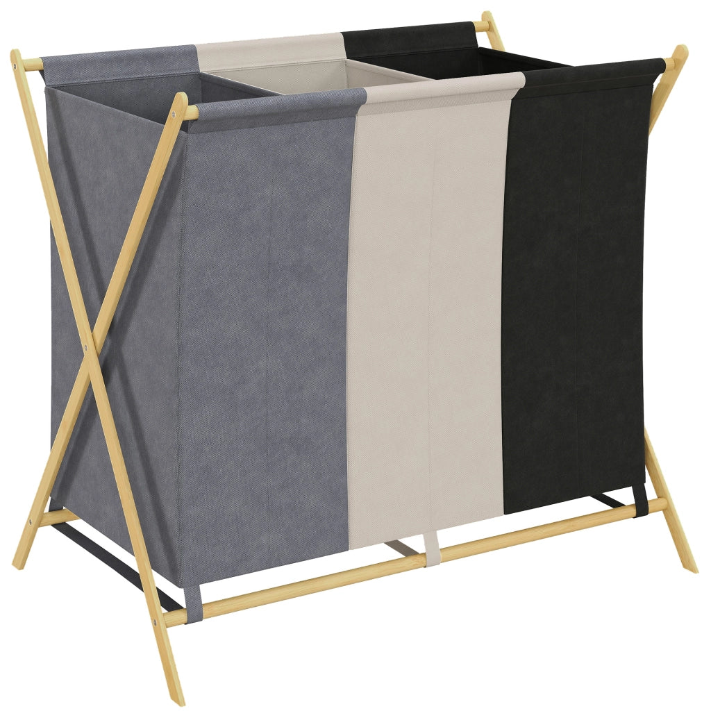 Cesto per Biancheria Pieghevole ¨C Zephmum ¨C Multicolore con Bamb¨´ e 3 Compartimenti 129L