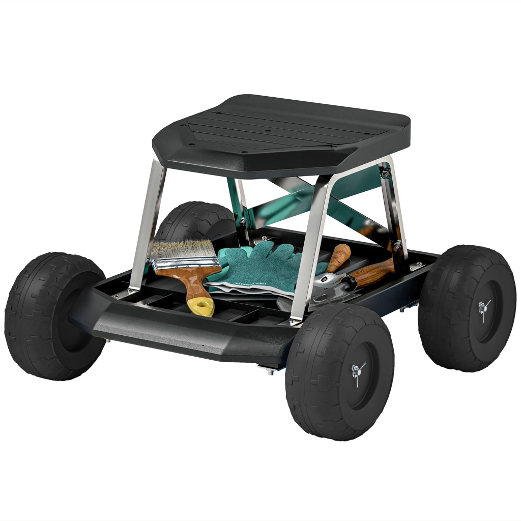 Sgabello da Giardino con Ruote e Vassoio Portattrezzi ¨C Xylo ¨C Nero 50x49x32cm Carico 130kg