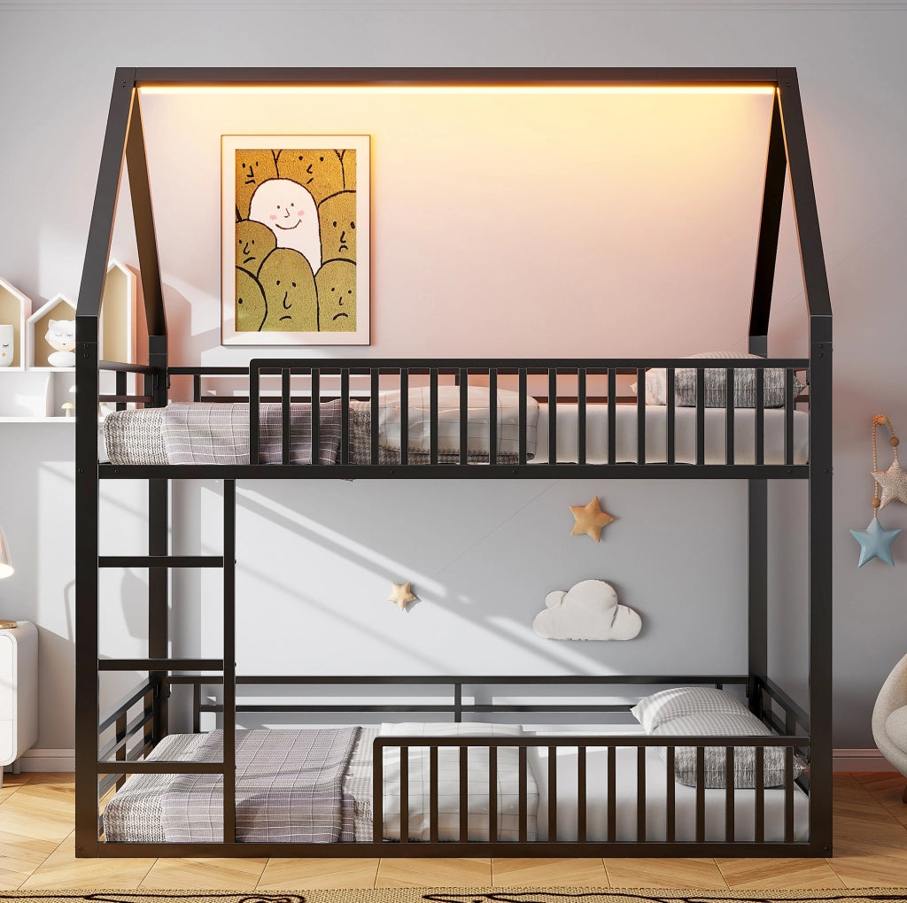 Letto a castello a forma di casetta 140x200 cm in metallo con LED e barriera
