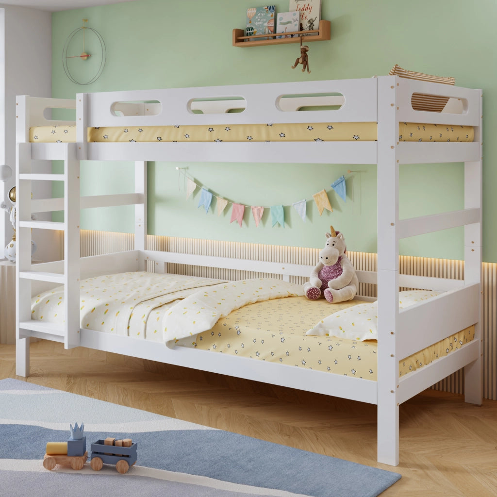 Letto a castello per bambini 90 × 200 cm con scala, barriera di sicurezza, rete a doghe, senza materasso, bianco