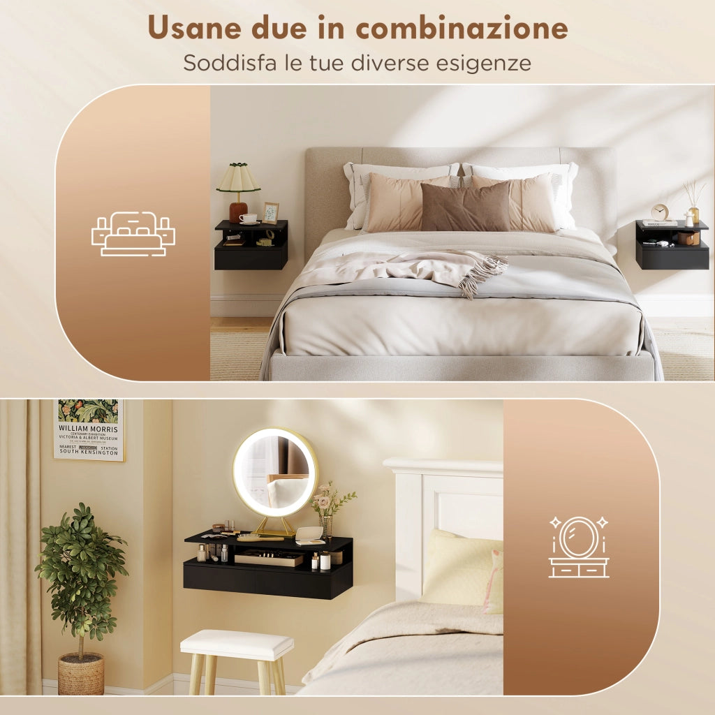 Comodino sospeso con cassetto ¨C Xylo ¨C nero 35x32x22.5 cm set 2 pezzi