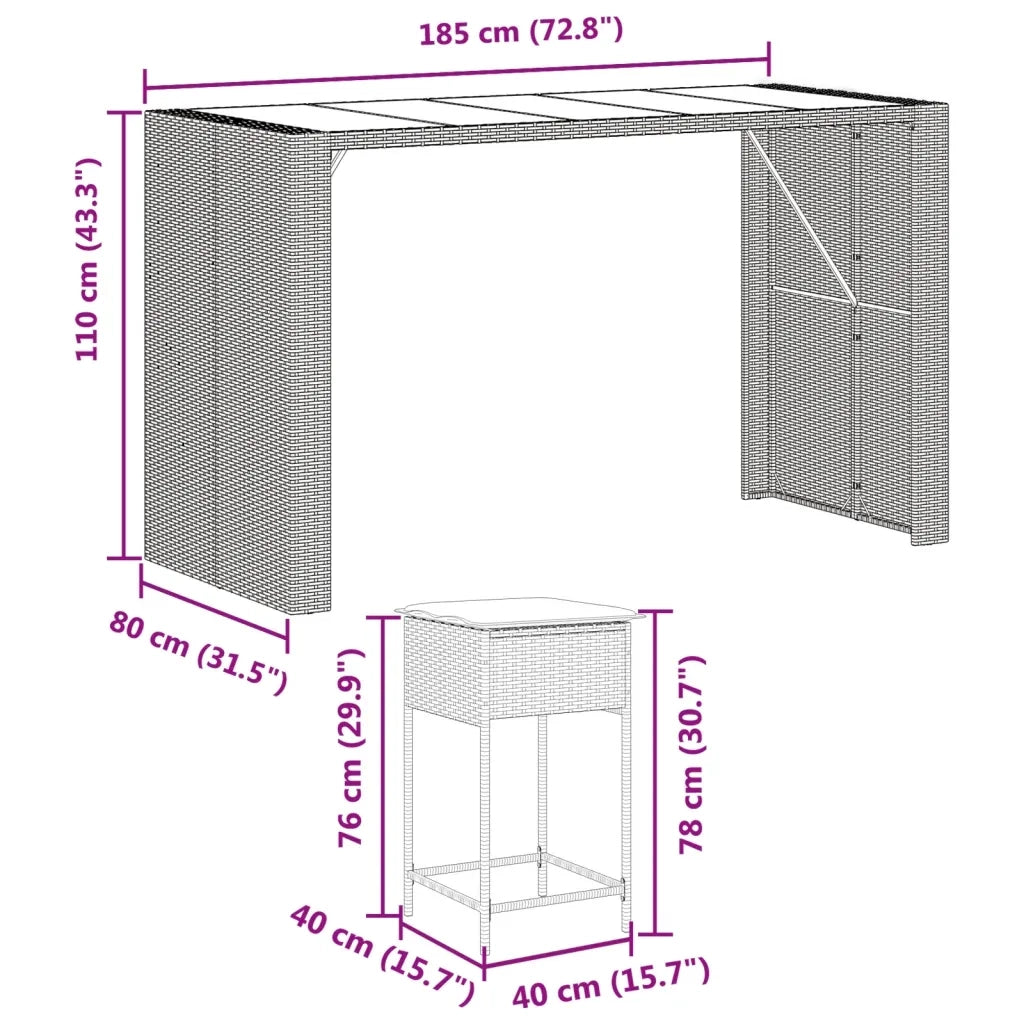 Set Bar da Giardino 9 pz con Cuscini in Polyrattan Marrone 3261512