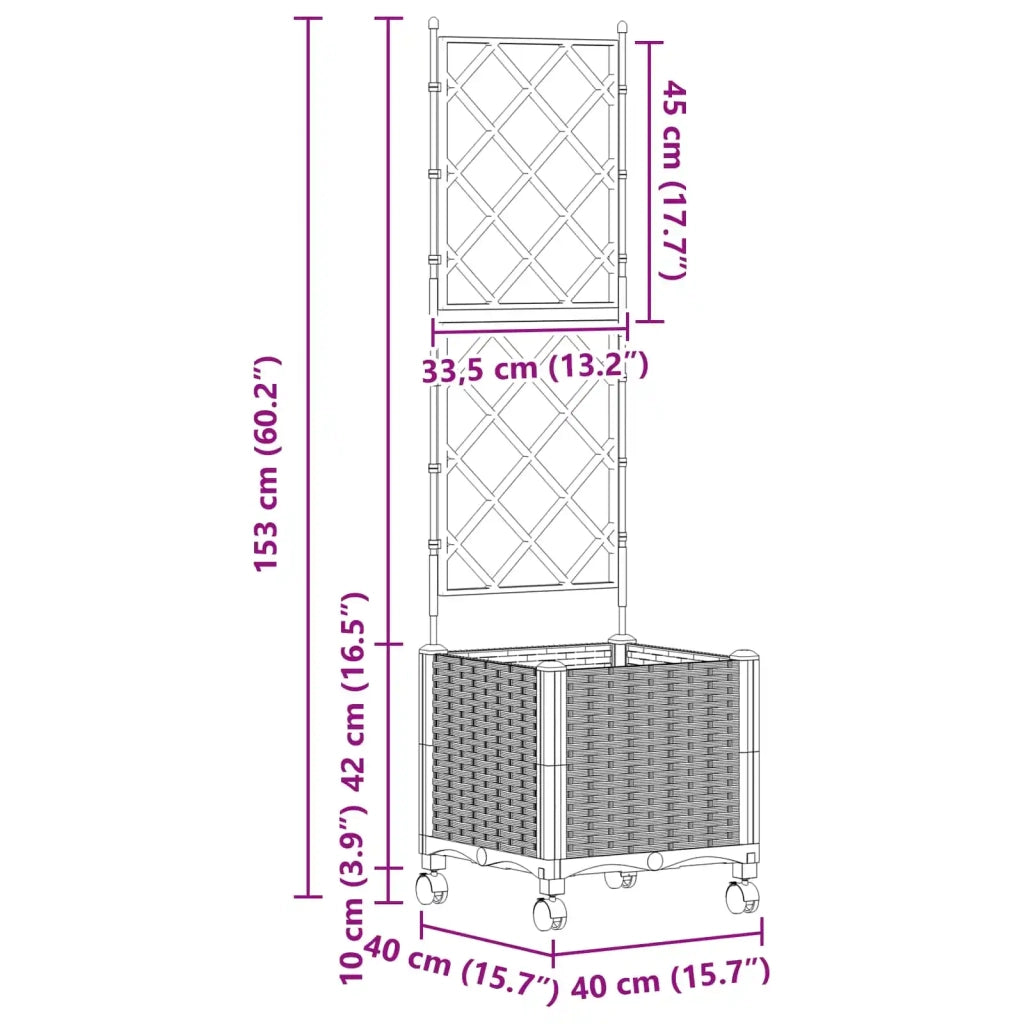 Vaso da giardino con grigliato e ruote Grigio 40 x 40 x 149 cm 3422941
