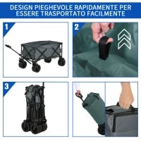 Carrello da Giardino Carico max 70kg con Maniglia Telescopica, in Metallo e Tessuto Oxford, 108x55 cm, Grigio