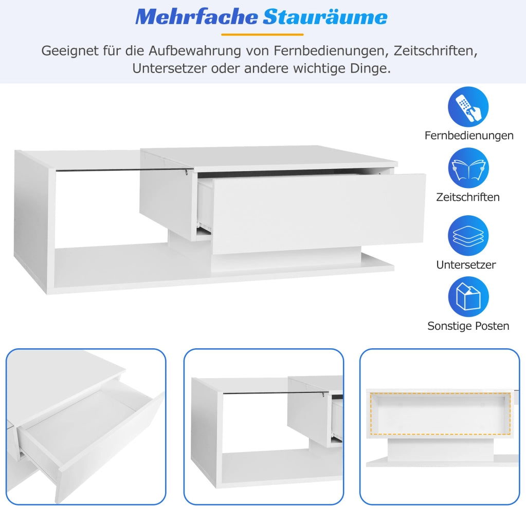 Tavolino da salotto moderno 100x50x32 cm bianco lucido con piano in vetro; cassetto e LED