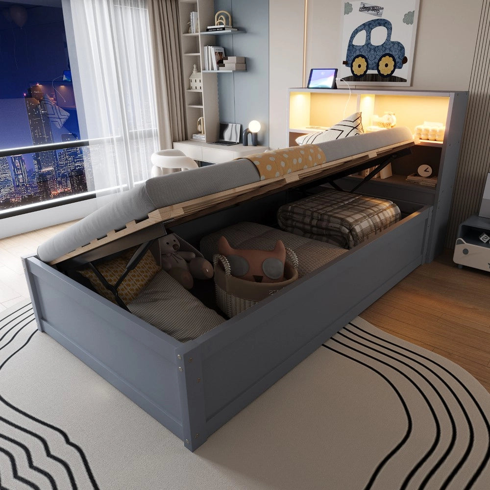 Letto Singolo Contenitore Idraulico in Legno Massello con LED ¨C MINIMAL ¨C Grigio, 90x200, senza materasso