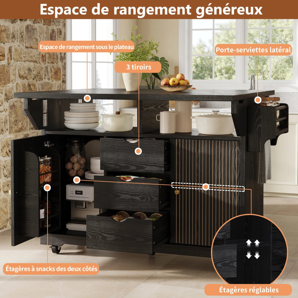 Carrello da cucina con 3 cassetti e ripiani regolabili; 2 allunghe pieghevoli; per cucina e sala da pranzo; in MDF e metallo; nero