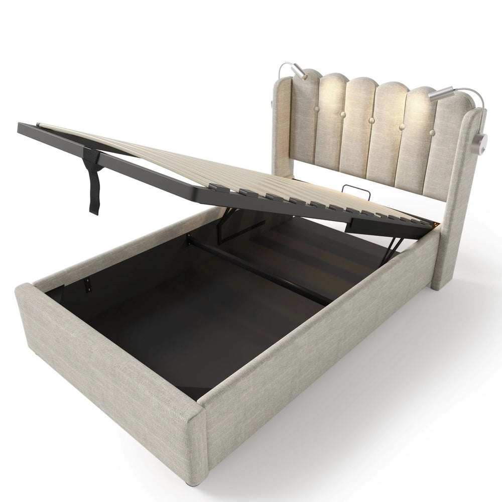 Letto Singolo Imbottito con Testiera LED e Contenitore ¨C MINIMAL ¨C Lino 90x200 con materasso