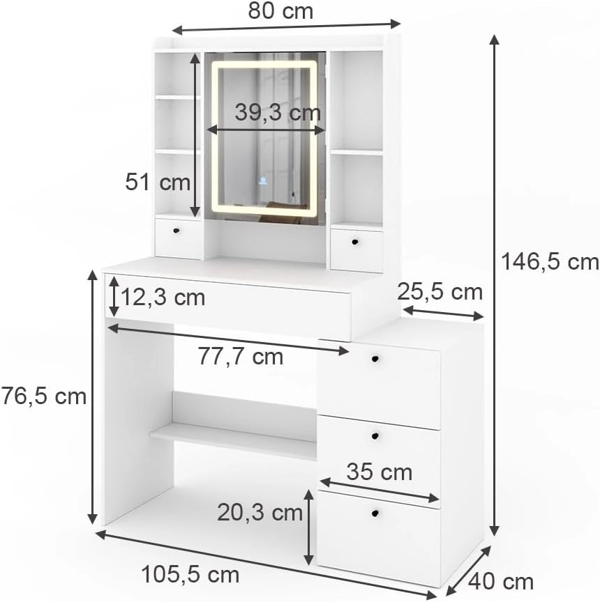 Tavolo da toilette Livora, Bianco, 105.5 cm con specchio a LED, con illuminazione LED regolabile senza scatti e specchio