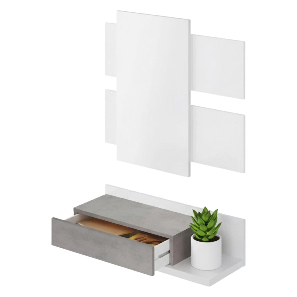 Mobile da ingresso Anro, Entratina sospesa con specchio, Mobile con cassetto per entrata, cm 75x29h90, Bianco e Cemento