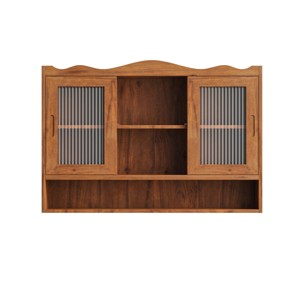 Pensile con 2 Ante Scorrevoli e 3 Ripiani Rimovibili; Stile Retrò; in Legno Massello e Vetro; 90×20×60 cm; Marrone