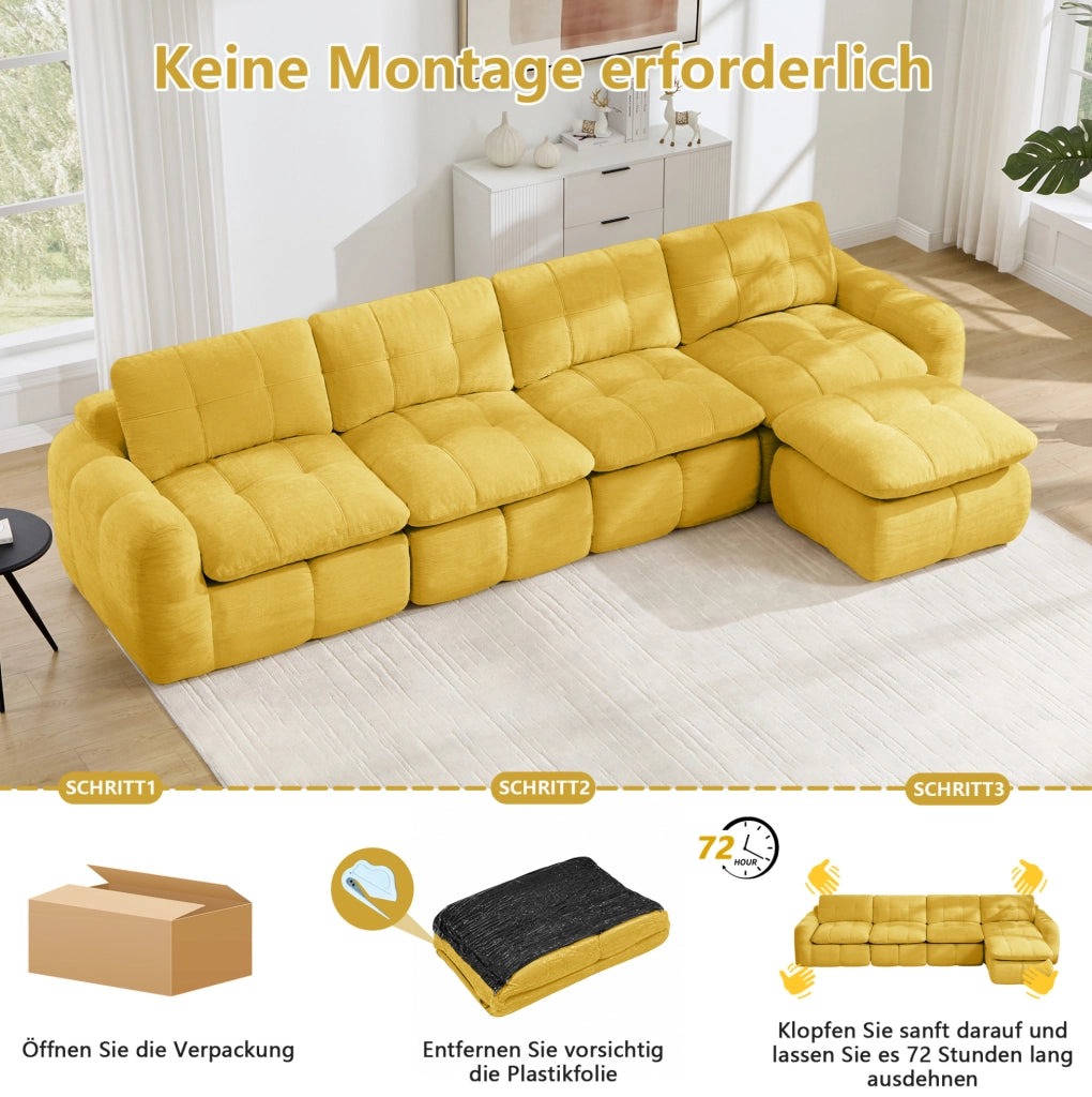 DIVANO Modulare 334x160 cm in Chenille Giallo con Ottomana