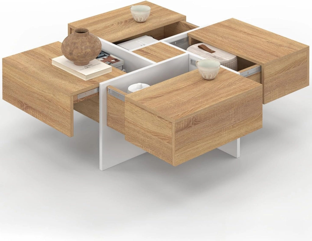 Tavolino quadrato Talia 70 cm con cassetti Legno e Bianco
