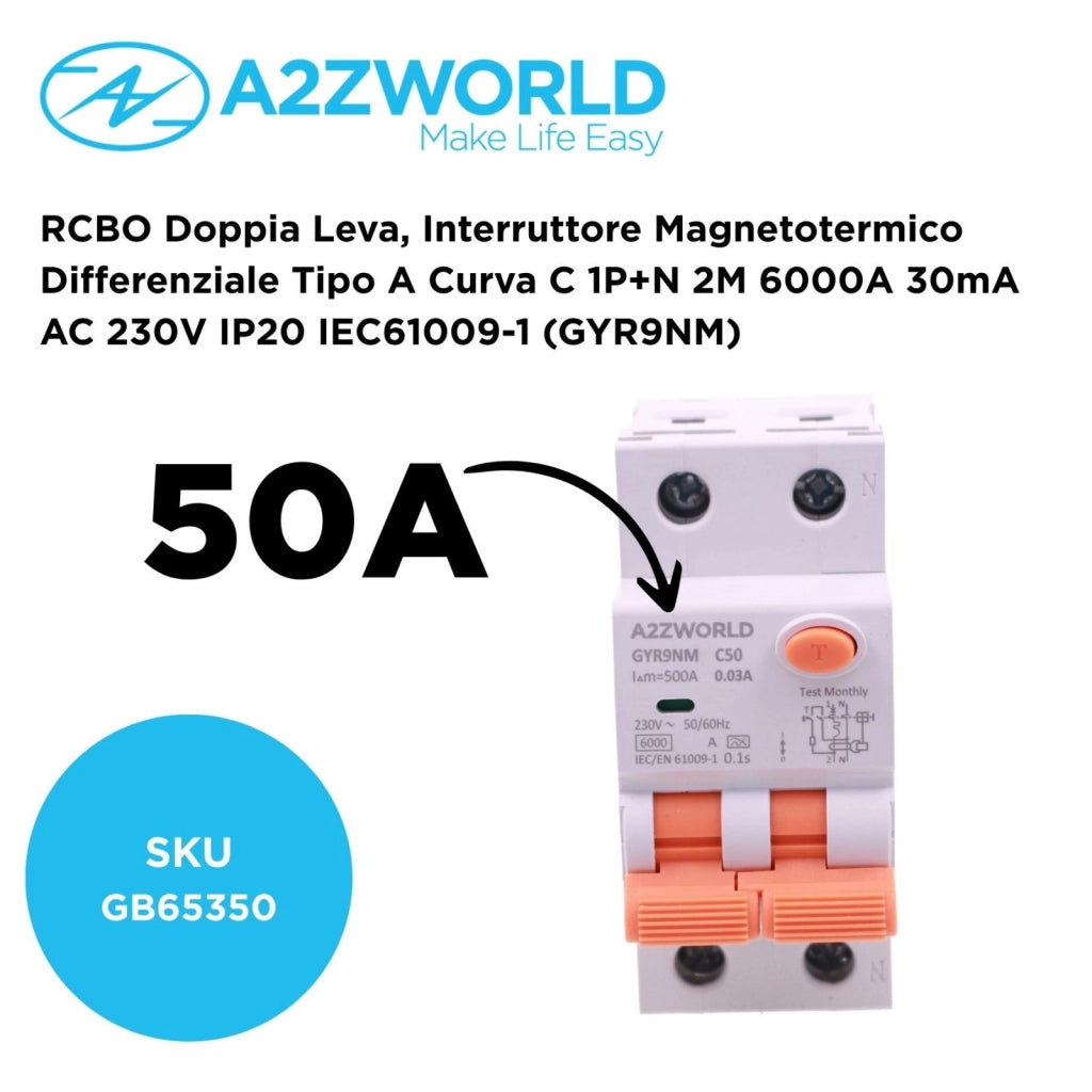RCBO Doppia Leva, Interruttore Magnetotermico Differenziale Tipo A Curva C 1P+N 2M 6000A 30mA AC 230V IP20 IEC61009-1 GYR9NM, Disponibili 40A 50A 63A (C50A)