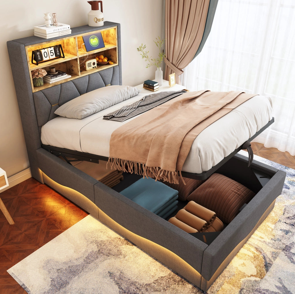 Letto per bambini e ragazzi 90x200 cm con LED; USB e contenitore; grigio in lino