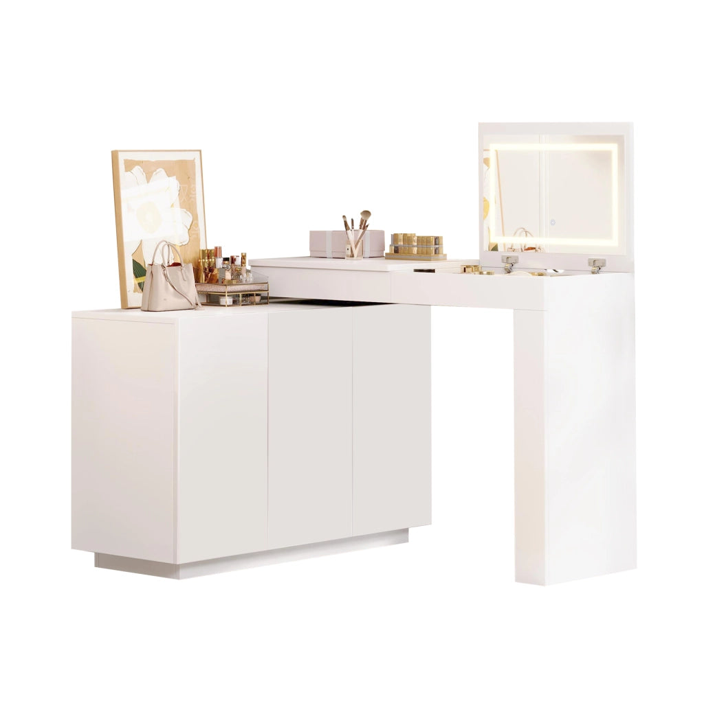 Tavolo da trucco L girevole con specchio LED e vano contenitore