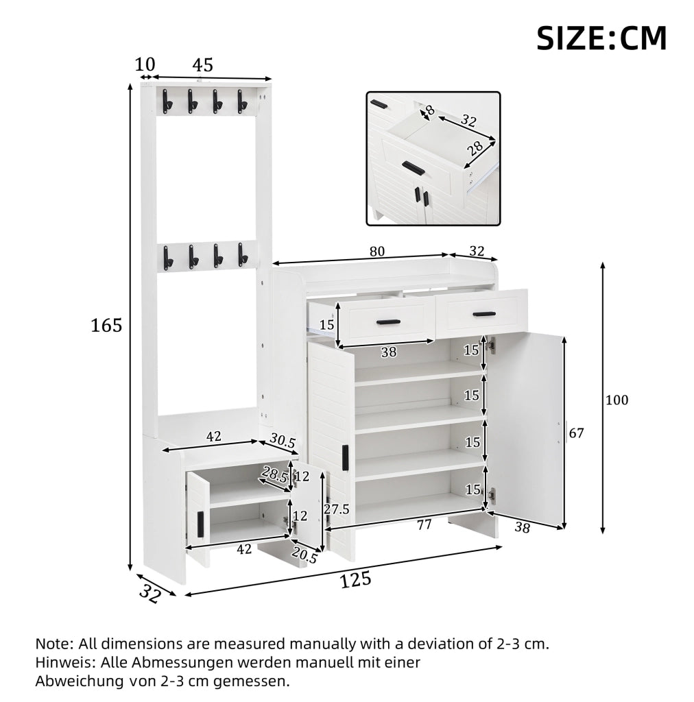 Mobile da ingresso bianco 125x32x165 cm con 2 cassetti， 8 ganci e vani