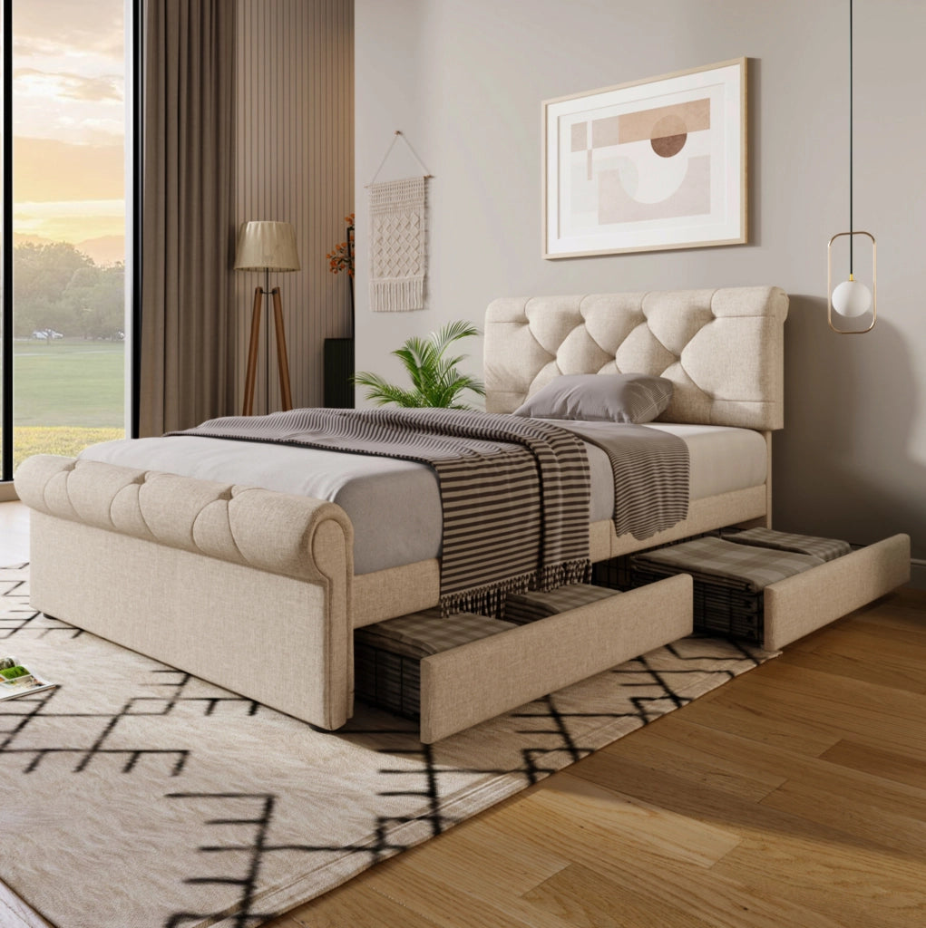 Letto singolo imbottito 90x200 cm con 2 cassetti; testiera regolabile e materasso; naturale