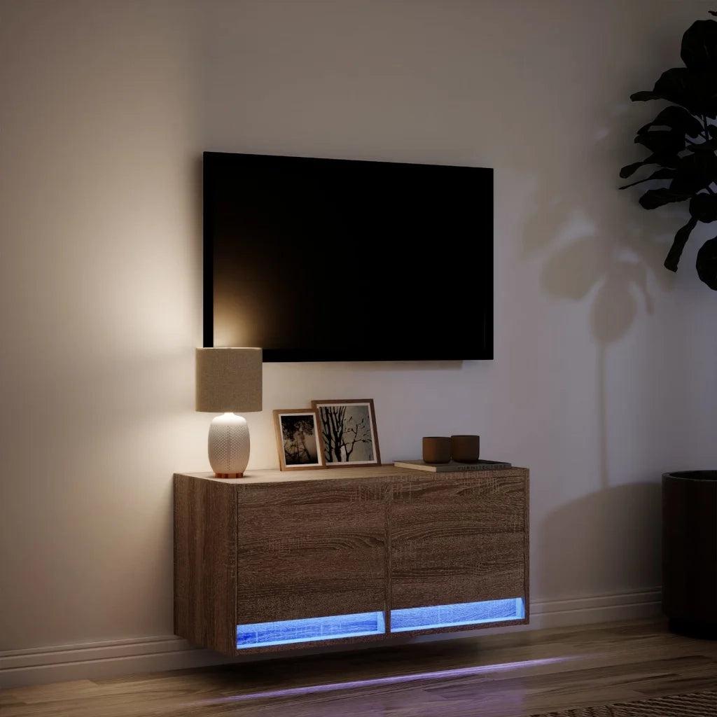 Mobile TV a Parete con Luci LED Rovere Marrone 80x31x35 cm 852361