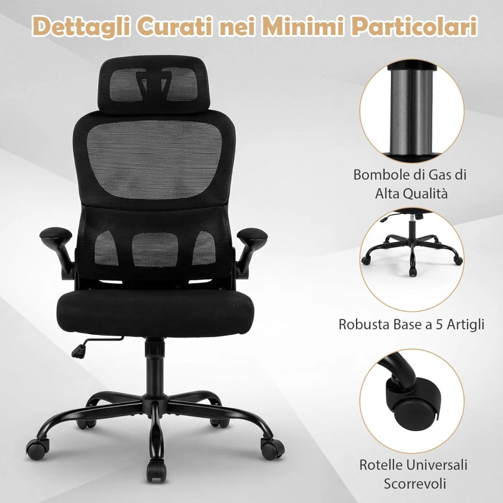 Sedia da Ufficio Ergonomica, Sedia da Scrivania Computer, Poggiatesta e Supporto Lombare, Regolabile in Altezza, Portata 120 kg, Nero