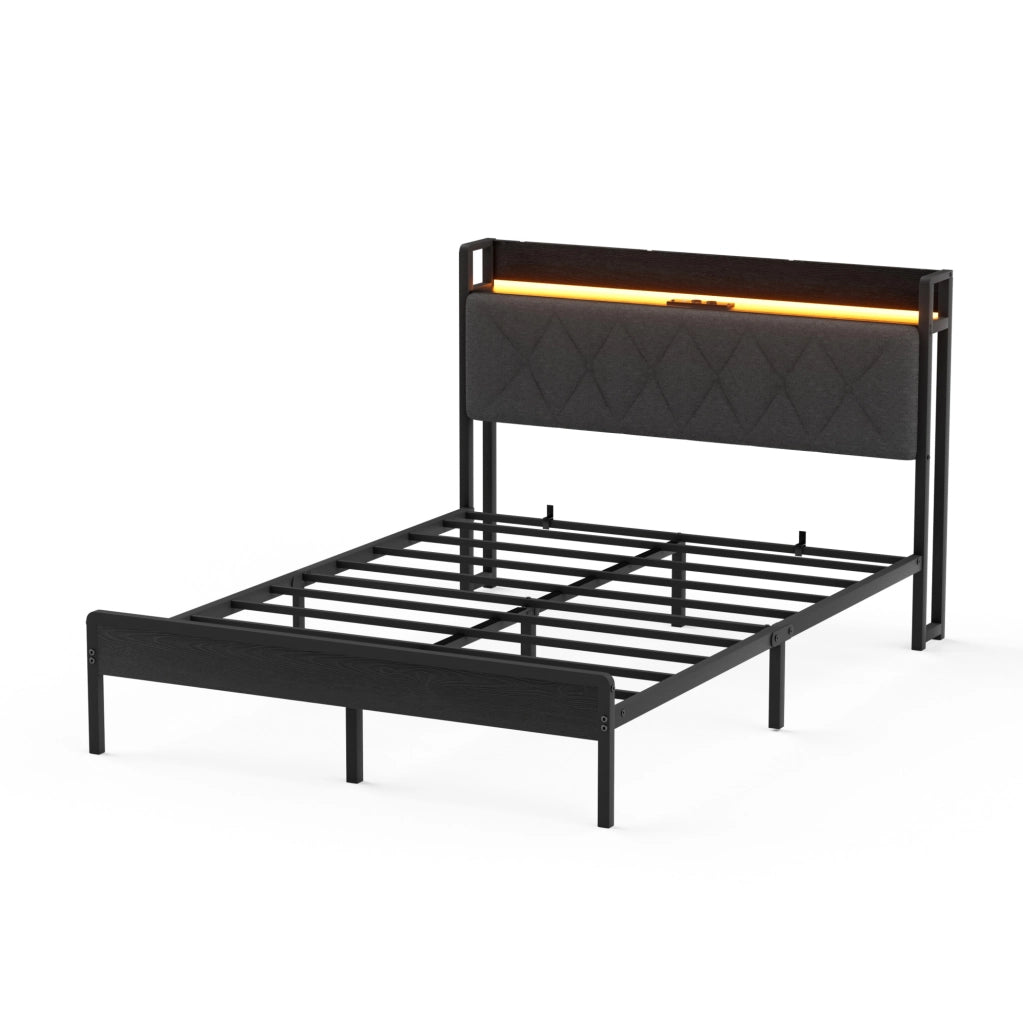 Letto imbottito 140x190 cm con contenitore; LED e USB in lino nero e grigio
