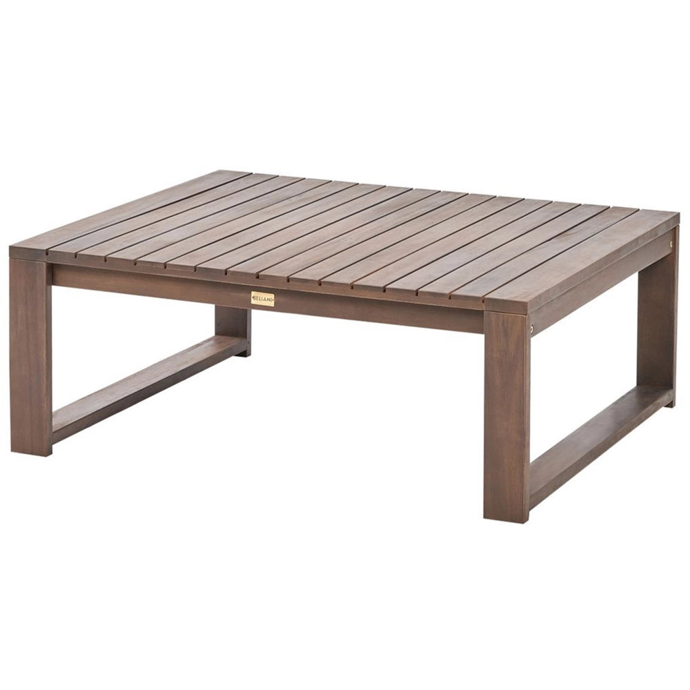 Salotto da giardino 4 posti in legno d'acacia chiaro con cuscini color tortora e tavolo lato destro esterno moderno