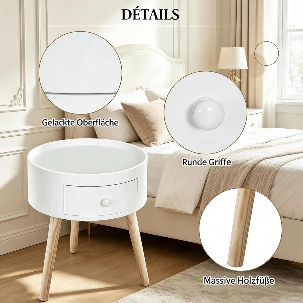 Comodino rotondo con cassetto e piano rialzato in MDF e legno, bianco e legno chiaro 38 × 38 × 45 cm