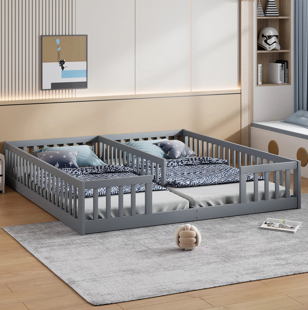 Letto a pavimento per 2 bambini 90 x 200 cm grigio con sponde di sicurezza