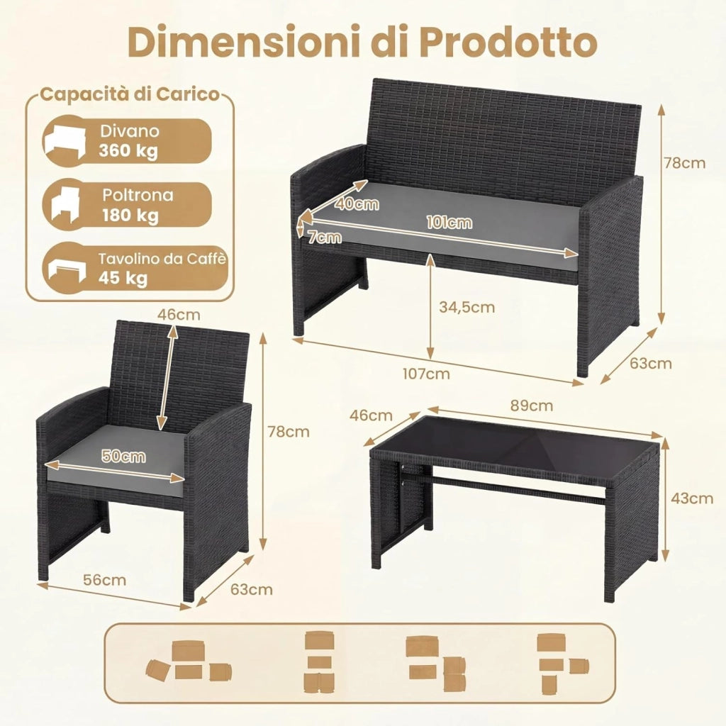 Set Mobili da Giardino in Rattan PE, Divano a 2 Posti e 2 Poltrone con Cuscini Comfort, Tavolino con Piano in Vetro, Arredo da Esterno per 4 Persone per Patio, Balcone, Cortile (Nero+Grigio)