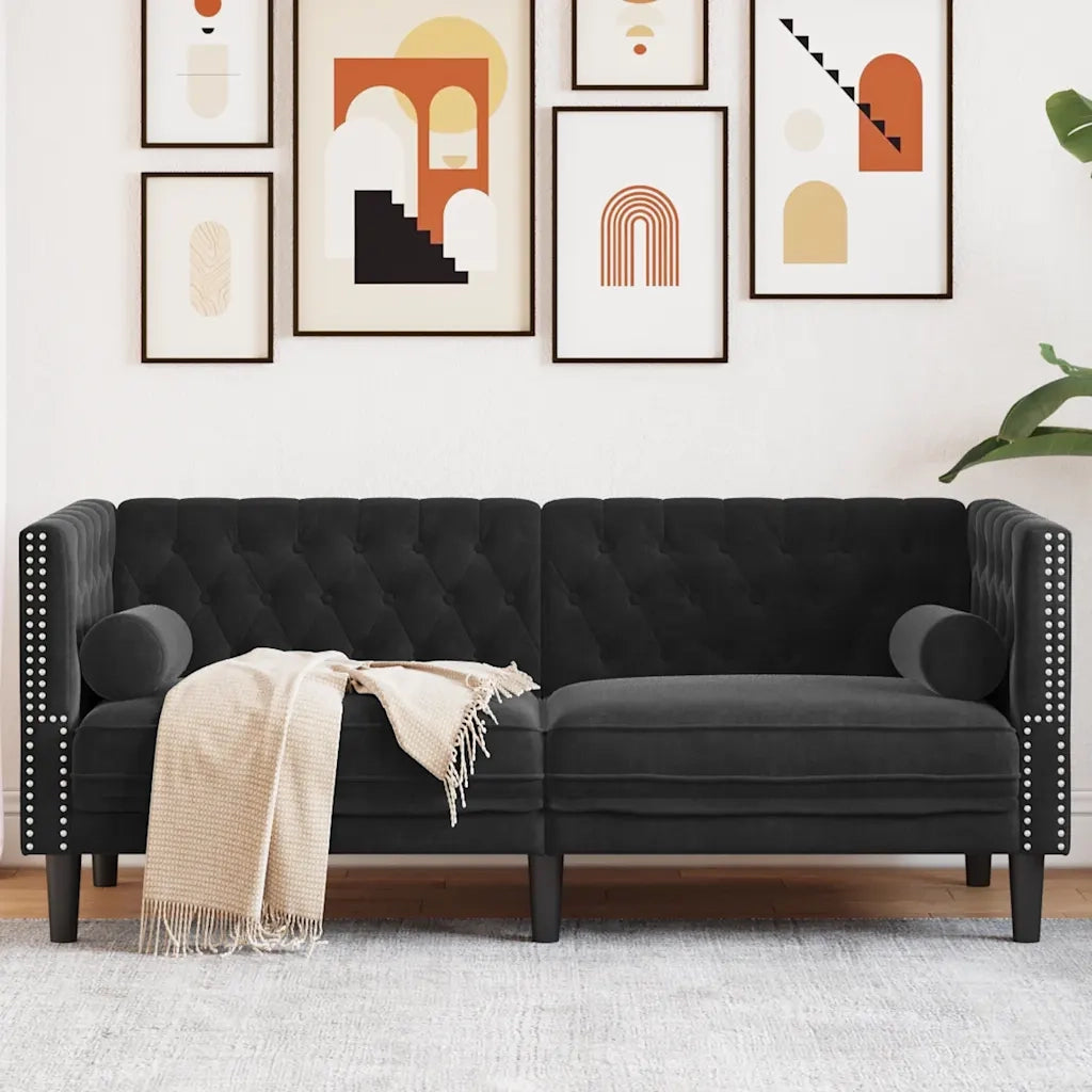 Divano | Divano da soggiorno | Sofa Chesterfield con Rinforzi 2 Posti Nero in Velluto
