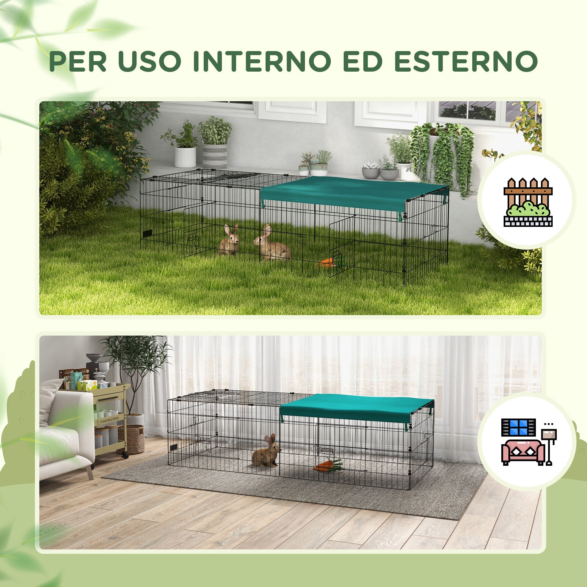 Gabbia per Conigli da Esterno 185x75x50 cm in Acciaio e Tessuto Oxford Verde
