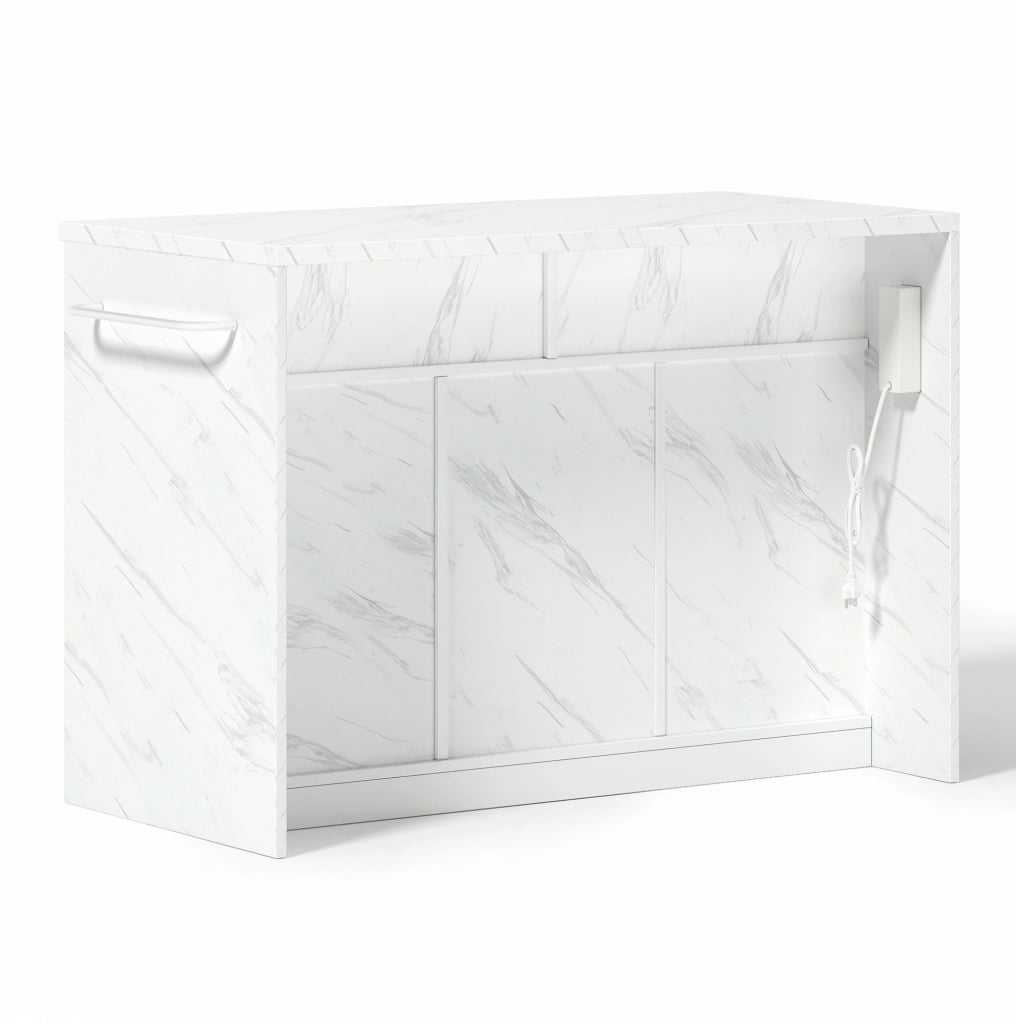 Isola da cucina 120x60x91 cm con zona bar; ripiani regolabili in MDF bianco