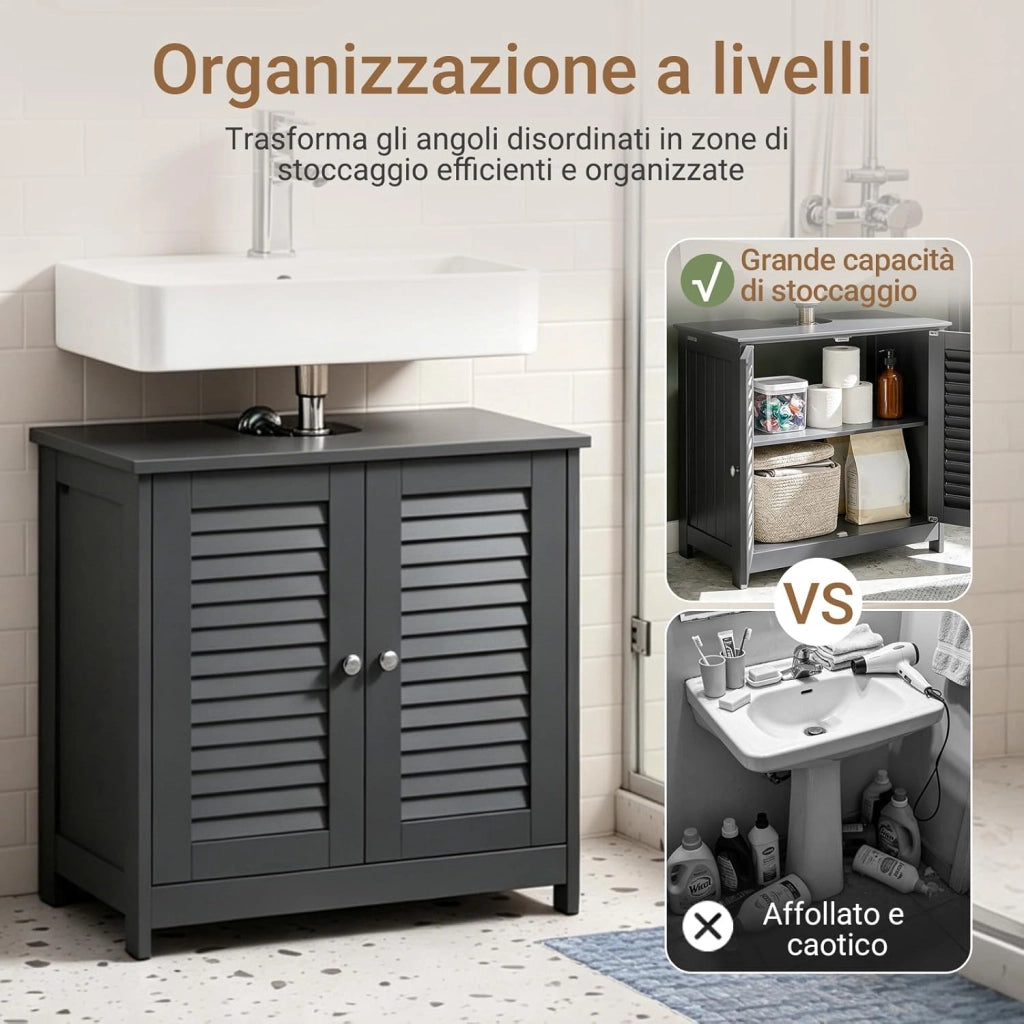 Mobile Bagno Sottolavabo - Mobiletto Bagno Salvaspazio con Mensole Regolabili, Mobile Lavabo in MDF, Antimuffa con Porta a Lamelle, per lavabo a muro, Grigio Scuro, 60x58x35cm, FRG237-DG
