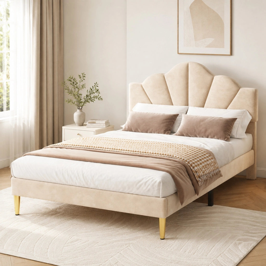 Letto matrimoniale imbottito in velluto beige 140x190 cm con testiera regolabile e rete a doghe