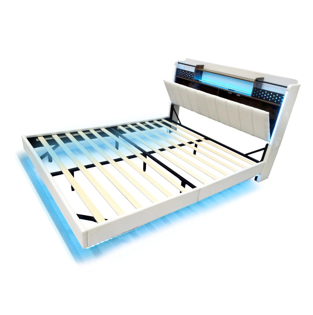 Letto imbottito matrimoniale 140x200 con LED; USB e contenitore nascosto; beige