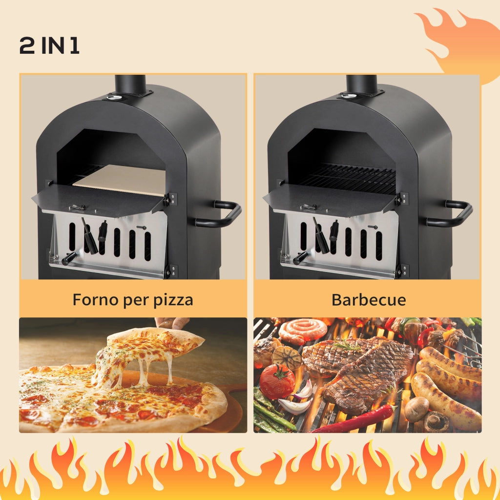 EasyComfort Forno per Pizza e Barbecue a Carbone Portatile in Acciaio con Camino e Ruote, 63x54x161 cm, Nero