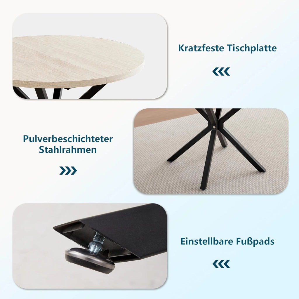 GrandCA HOME Tavolo da Pranzo con 4 Sedie, Tavolo da Pranzo Rotondo da 100 CM, Sedia da Cucina Imbottita Trasparente, Set Tavolo da Pranzo e Sedie (Travertino Giallo + Grigio)